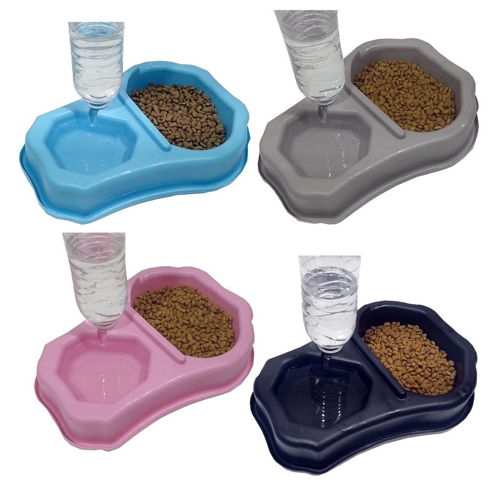 Comedouro e bebedouro duplo para pet com suporte para garrafa com sistema inteli